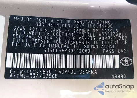 2009 Toyota Camry Le from USA, damaged, VIN 4T4BE46K39R120831